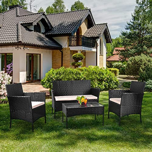bigzzia Gartenmöbel-Set für den Außenbereich aus Rattan, 4-teilig, Gartenmöbel-Set für 4 Personen, inklusive 1 Sofa, 2 Sessel, 1 Tisch