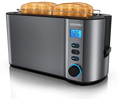 Arendo - Toaster Edelstahl Langschlitz 4 Scheiben - Doppelwandgehäuse - Integrierter Brötchenhalter - Bräunungsgrade 1-6 - Brotzentrierung – automatisch Abschaltung – Display mit Restzeitanzeige