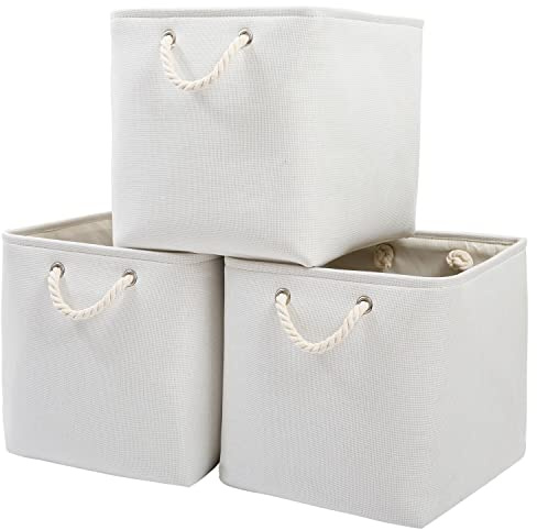 Mangata Aufbewahrungsbox, 33x38x33cm Aufbewahrungskorb Stoff, Box in Würfel für Schrank, Regal, und Kleidung(Weiß, 3er Pack)
