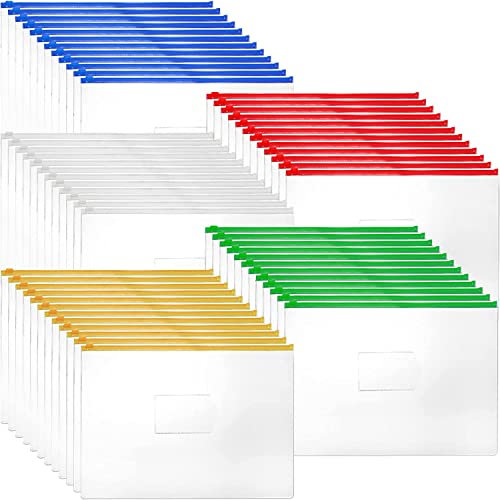 Jucoan 60 Pack Clear Zipper Folders, Plastic Zipper Pouch, Poly Zip Files Envelopes for School Office Supplies, A4 Size, Letter Size, 5 Colors