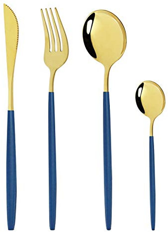 Geschirr Set 24 stücke Blaugold Gabel Löffel Messer Besteck Edelstahl Western Silberwaren Für küche Geschirr Set essgeschirr (Color : Blue Gold)