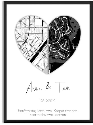 Geschenk Geteiltes Herz Hochzeit Bild personalisiert mit Landkarten und Namen | schwarz weiss | Fernbeziehung | Herz-Kunst für Paare, Mann & Frau | Geschenkideen