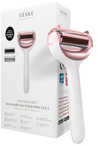 GESKE | SmartAppGuided™ MicroNeedle Face & Body Roller | 8 in 1 | Derma Roller | Elektrisches Microneedling | Nadelroller | Needleroller | Beauty Roller für Gesicht und Körper | kühlender Aufsatz
