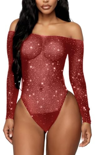 RSLOVE Lingerie pour Femmes Body en Résille Rhinestone Scintillant Teddy Sexy en Maille Lingerie