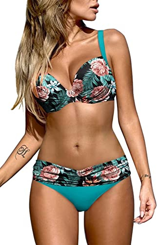 Astylish Ladies Bikini Set Push Up Two Pieces Floral Printing Padded Bathing Suit Swimwear Mint Green XX-Large