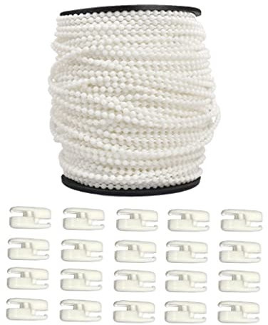 HASAYAKI Cordino a catena con perline per tende, 100 m/rotolo Corde per tirare con perline con 20 connettori, Riparazione per tende avvolgibili - Bianco
