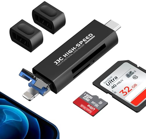 SD/Micro SD Card Reader for iPhone, 3 Ports Memory Card USB Adapter,Light-/USB C 3.0/USB A 2.0 Port, Compatible with iPhone, MacBook Pro, Air, iPad Pro, Galaxy, No App Required Plug and Play