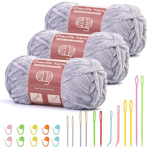3X100g(3 X 80 m) Chenille Wolle, Wolle Zum Häkeln Stricken(Hellgrau) | Chenille Samt Garn mit Nadeln großem Öhr zum Stricken und Häkeln, Kleidung, Decken, Taschen, Pullover, DIY-Strickprojekte
