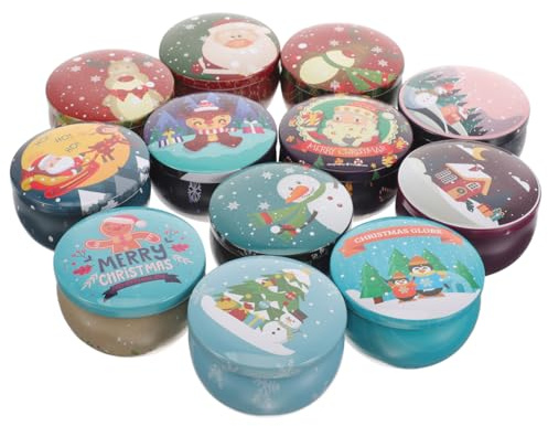 Veemoon 12pcs Christmas Jars with Lids Christmas Candle Tin Cans Mini Iron Candy Jar Round Printed Small Jar Reusable Storage Box Suitable for Spices, Candies, Candles, Holiday (2.2OZ)