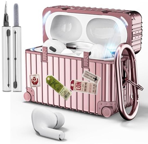 VISOOM Hülle Kompatibel mit Airpods Pro 2 & 1, TPU Stoßfeste Schutzhülle Front-LED Sichtbar Kabelloses Laden Airpods Pro 2 Case Mit Karabiner Reinigungsset DIY-Aufklebern, Roségold-weiß