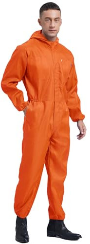 Aislor Herren Overall Arbeitsoverall Langarm Jumpsuit mit Kapuzen Hooded Arbeitsanzug Schutzanzug Wasserdichter Arbeitskleidung Orange XXL