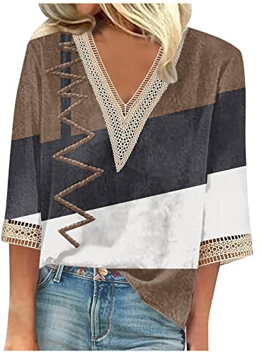 SCBFDI Bluse Damen Elegant, 3/4 Ärmel Tunika Tops für Frauen Geometrisch | Grafik Mexikanische Hemden V-Ausschnitt Patchwork Elelgant Bauer Baumwollblusen Boho-Kleidung