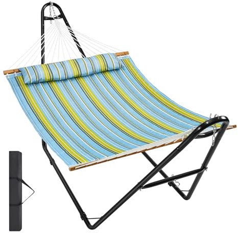 VEVOR Hängematte für 2 Personen, 200 kg Tragfähigkeit, Doppelhängematte mit tragbarem Stahlständer, Tragetasche und Kissen, freistehende Hängematte für den Außenbereich, Terrasse, Garten, Strand