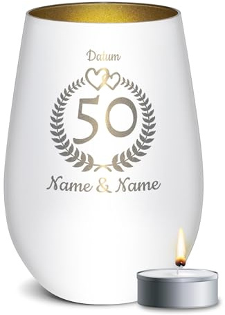 Print Royal PR Weißes Windlicht mit Gravur zur Goldenen Hochzeit - 50 Jahre - mit Namen & Datum - Hochzeit Geschenke Goldene Hochzeit | inkl. Teelicht, 450 ml, Innen Gold