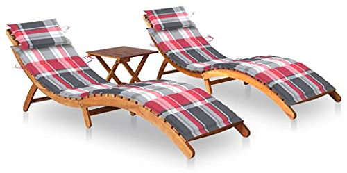 Keyroto Sonnenliege 2 Personen Holz Doppelliege Outdoor Gartenliege wetterfest Liegestuhl Holz Liegestuhl klappbar Holz Holzliegen Outdoor Massivholz Akazie-Rotes Karomuster-2 Sonnenliegen mit Tisch