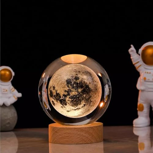ZVO Veilleuse 3D Planète - Boule de Cristal de Scène de Nuit Astronomie, Lampe de Nuit avec Socle en Bois, Décoration de Noël pour enfants (Lune)