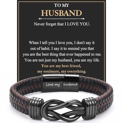 EYQV Husband Gifts, Engraved Leather Bracelet Gifts for Husband from Wife, Birthday Christmas Presents for Men, Valentines Gift for Him
