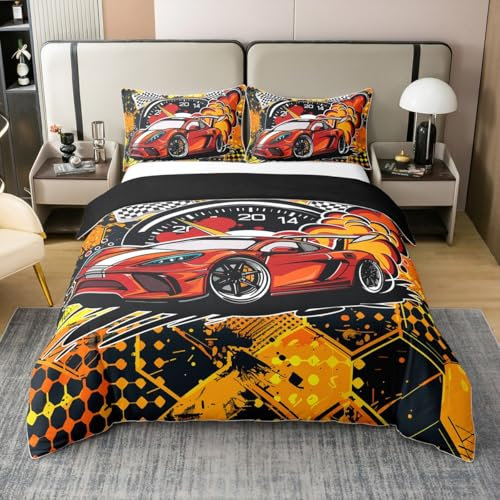 Cartoon Car 100% Baumwoll Bettbezug 135x200,Roter Rennwagen Tröster Bezug,Honeycomb Patchwork Bettwäsche Set,Wilder Polka Dot Schlafzimmer Dekor Bettbezug für Erwachsene Teens Reversible Schwarz