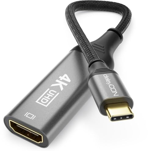 deleyCON 4K USB C till HDMI Kabel Adapter 4K@60Hz (1080P 2K@165Hz 144Hz 120Hz) HDR Thunderbolt 3/4 till HDMI Omvandlare Kompatibel med iPhone iPad MacBook Tablet Laptop Mobil Skärm 10cm Kort