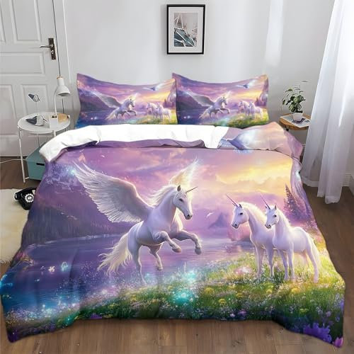 XCQHZYQ Bettwäsche 180x200 cm Einhörner Blumen Und Vögel Seen Berge 3D Bettwäsche Set Weich Gemütlich Polyester Baumwolle Bettwäsche für Jugendliche Erwachsene mit 2 Kissenbezug 80x80 cm