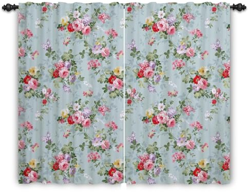 ggaimwf Floral Patterned Curtains Retro Blossom Flower Curtain Farmhouse Green Drape Pencil Pleat for Living Room Window Home Decor Balcony Door Garden Outdoor Curtain Tape Top 135x229cm 2 Panels