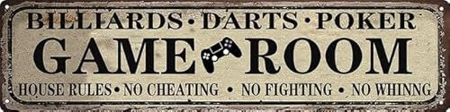 Geroclonup Man Cave Sign Billiards Darts Poker Game Room Door Sign House Rules No Cheating No Fighting No Whinng Vintage Wall Signs Decor Aluminum Decor 10x40cm