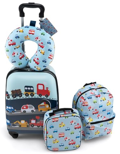FANTASK Valigia per bambini con zaino e contenitore per il pranzo, etichette per bagagli e cuscino per il collo, trolley per bambini con ruote, bagaglio a mano, valigia rigida per bambini dai 6 anni
