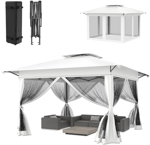 ACXIN 4 x 4 m, hopfällbar paviljong, vattentät höjdjusterbar, trädgårdspaviljong med nätsidoväggar, UV-skydd, pop-up paviljong inkl. bärväska med hjul, för trädgård terrass bakgård (vit)