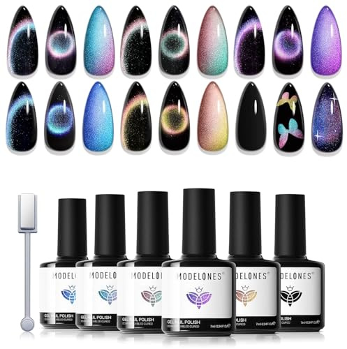 Modelones Cat Eye Gel UV Nagellack Set 6 Farben mit Magnet Magnetisch 9D Effect für Soak Off Nail Polish, French Manicure, Nail Art Nageldesign-Schwarz, Lila, Blau, Grün, Gelb, Korallenrosa