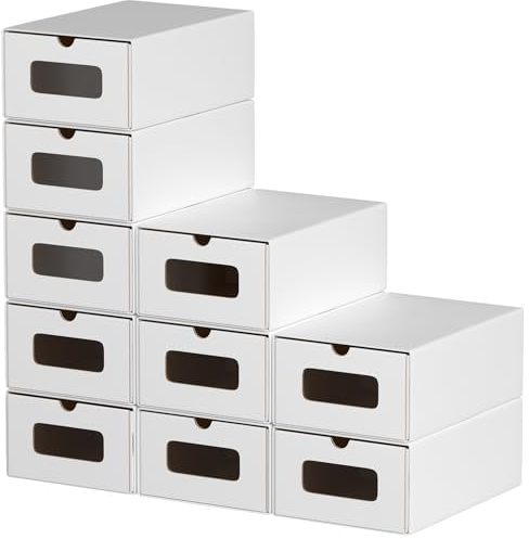 Hebitod 20 cajas de almacenamiento para zapatos, color blanco puro, con ventana, plegables, 35 × 23 × 13,5 cm, apilables, cajas para zapatos, cajón, caja multiusos de cartón kraft para hasta la talla