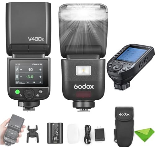 Godox V480 F V480-F TTL Flash for Fuji Cameras w/XProII-F Flash Trigger, GN50 1/8000 HSS, 1.7s Recycle Time, 2.4G Wireless, Built-in Modeling Light, 7.2V/2200mAh Li-ion Battery Touchscreen Speedlight