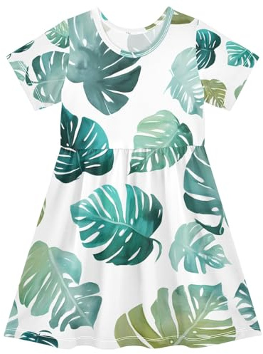 Monstera White Background Pattern Girl's Dresses Short Sleeve Casual Sundress