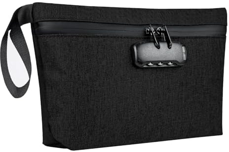 Portafoglio Impermeabile 32×19 cm Lucchetto a Combinazione Fodera Carbonio | Borsa Portaoggetti Antiodore in Materiale Resistente, Protegge Contanti, Passaporto, Documenti e Certificati, Colore: Nero