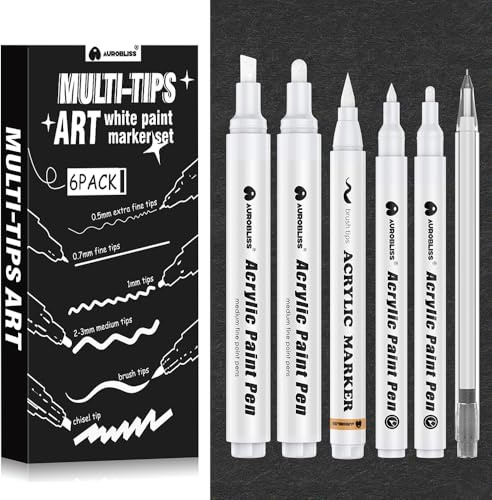 Aurobliss Stylo Blanc pour Art 6 pièces, ensemble de stylos à peinture blanche opaque avec stylo à pinceau, Fineliner, stylos à peinture acrylique à pointe biseautée/moyenne/fine pour l'écriture sur