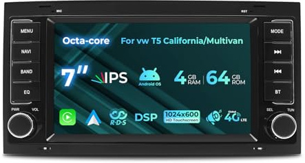 NVGOTEV Android Radio 8 cœurs pour VW T5 California/Multivan 2003-2012, autoradio stéréo 7 Pouces 4G+64G avec Wireless Carplay/Android Auto Bluetooth WiFi 4G GPS Navi DSP FM AM RDS SWC