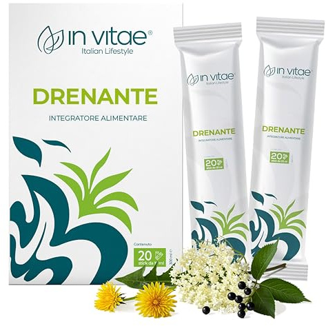 IN VITAE Drenante Forte - Integratore con Aloe, Tarassaco, Betulla, Carciofo e Sambuco - Supporto al Drenaggio dei Liquidi Corporei e Funzioni Depurative - 20 Stick Gel - Made in Italy