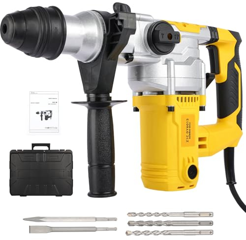 Corded Rotary Hammer Drill: 1500W Heavy Duty Electric SDS Hammer Drill with Adjustable Soft Grip Handle 3 Modes, Adjustable Handle, 5 Drill Bits for Concrete Breaker Brick Wall Metal (Yellow)