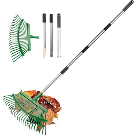 Rastrello a foglie regolabile con manico, scopa da giardino a 25 denti, scopa a foglie in acciaio inox, rastrello da giardino, rastrello da prato per raccogliere detriti sotto aiuole, piante