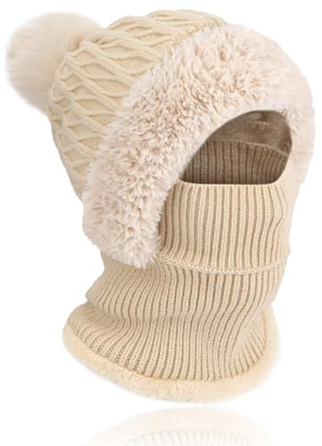TAGVO Women Winter Knit Hat Scarf Set, 3-in-1 Multifunction Windproof Thermal Elastic Snood Hood Beanie with Loop Scarf in Soft Fleece Linning, Ladies Pom-pom Hat Balaclava Face Ski Mask