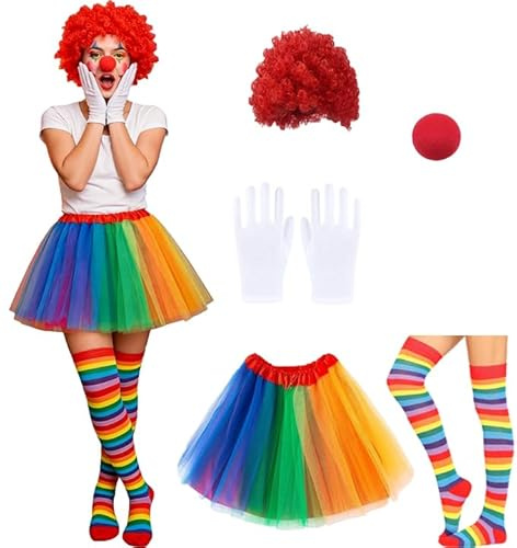 HarnyLoom Clown Regenbogen Kostüm Damen Bunte Tüllrock Perücke Strumpf Handschuhe Regenbogen Rock Kleid 50er Jahre für Karneval Fasching