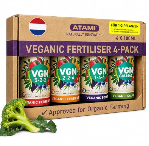 ATAMI VGN Veganic Dünger 4er-Set 4x100ml, pflanzlicher Bio Flüssigdünger mit 4-Flaschen Nährstoffsystem, stickstofffreiem CalMag, Düngeplan, IDHA-Chelaten & Öko-Zulassung