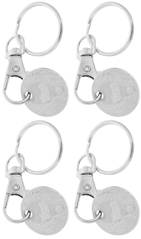 ULTECHNOVO Metal Trolley Tokens Keychain Pendant 4pcs Stainless Steel Small Shopping Cart Token Key Rings for Grocery Store Use