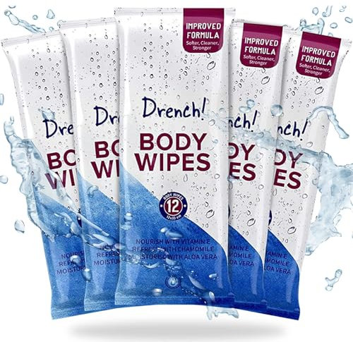 Drench! 60 Pack Luxury Body Wipes for Adults No Shower | No Water Bathing & Cleansing Wipes | Microwaveable Rinse-Free Wipes | Big Wet wipes for adults, Antibacterial & Deodorant