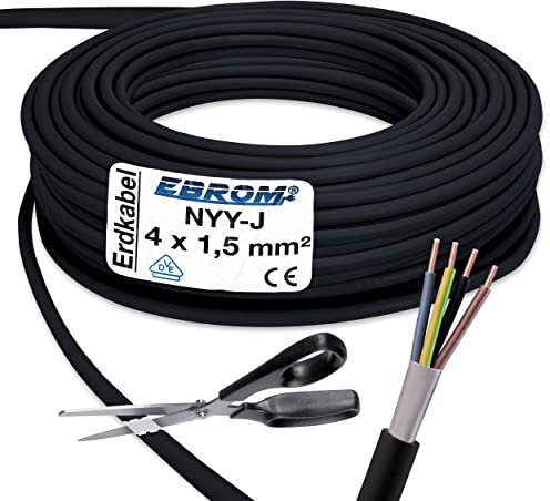EBROM Erdkabel NYY-J 4x1,5 mm² - Starkstromkabel - PVC Erdleitung - schwarz - Meterware auf den Meter genau - Auswahl in 1 Meter Schritten, viele Längen - NYY-J 4x1,5 mm2 - Ihre Länge: 97 Meter