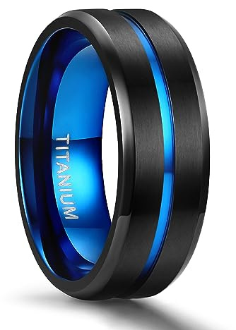TIGRADE Titanium Ring 6MM 8MM 10MM Black and Blue Two-Tone Centre Groove Wedding Band Matte Finish Comfort Fit for Men Women, 8MM, Size 10