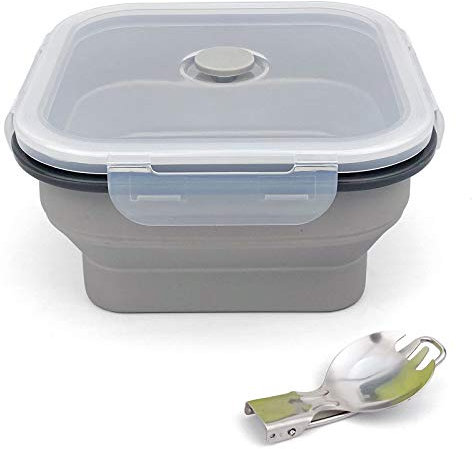 Ewrap - Ciotola da campeggio portatile in silicone, 1200 ml, con cucchiaio pieghevole 2 in 1, salva spazio 1/2, utilizzabile in microonde e congelatore, colore: grigio