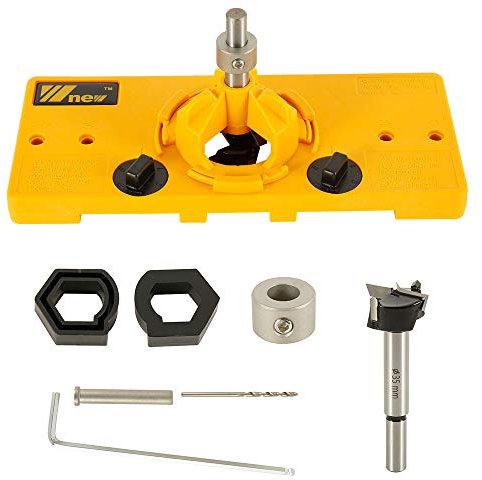 Gabarit de Perçage Charniere Invisible 35 mm Gabarit de Trou Charniere Guide de Perçage Charniere avec Support Butée de Profondeur Clé Hexagonale pour Menuiserie Travail du Bois (Jaune)