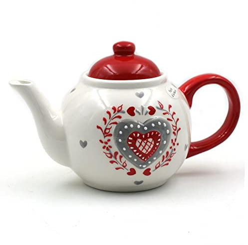 CP International Théière aux Motifs Cœurs, Rouge, Céramique, 20 x 13 cm