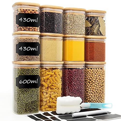 Withosent Vorratsdosen Glas 12er Set, 430/600ml Gewürzgläser Eckig Holzdeckel, Vorratsgläser Glasbehälter mit Deckel, Stapelbare Aufbewahrungsgläser Küche für Gewürze, Nuss, Körner