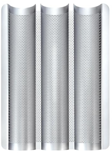 Hesanzol Baguette Pans for Baking 15 x 11, 3 Loaf Carbon Steel French Bread Pan Nonstick Perforated Baguette Baking Tray Silver